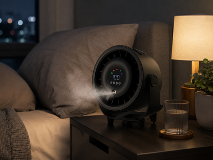 Rechargeable Bedside Cooling Fan with Mist Spray – 6000mAh Portable Desk Fan, 90° Rotation, 3 Speeds, LED Display, Quiet USB Fan for Bedroom, Office & Travel