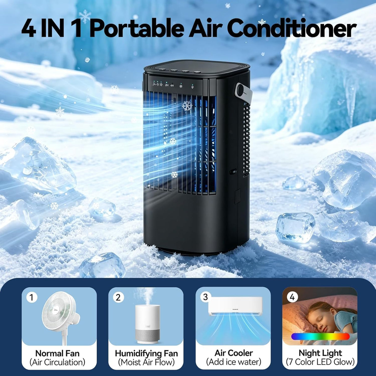 Portable Air Cooler - Mini Air Conditioner with Handle,Upgraded Portable Small Air Conditioner Mini Evaporative Cooler Small AC with 3 Wind Speed & 7 Night Light for Room Home Bedroom
