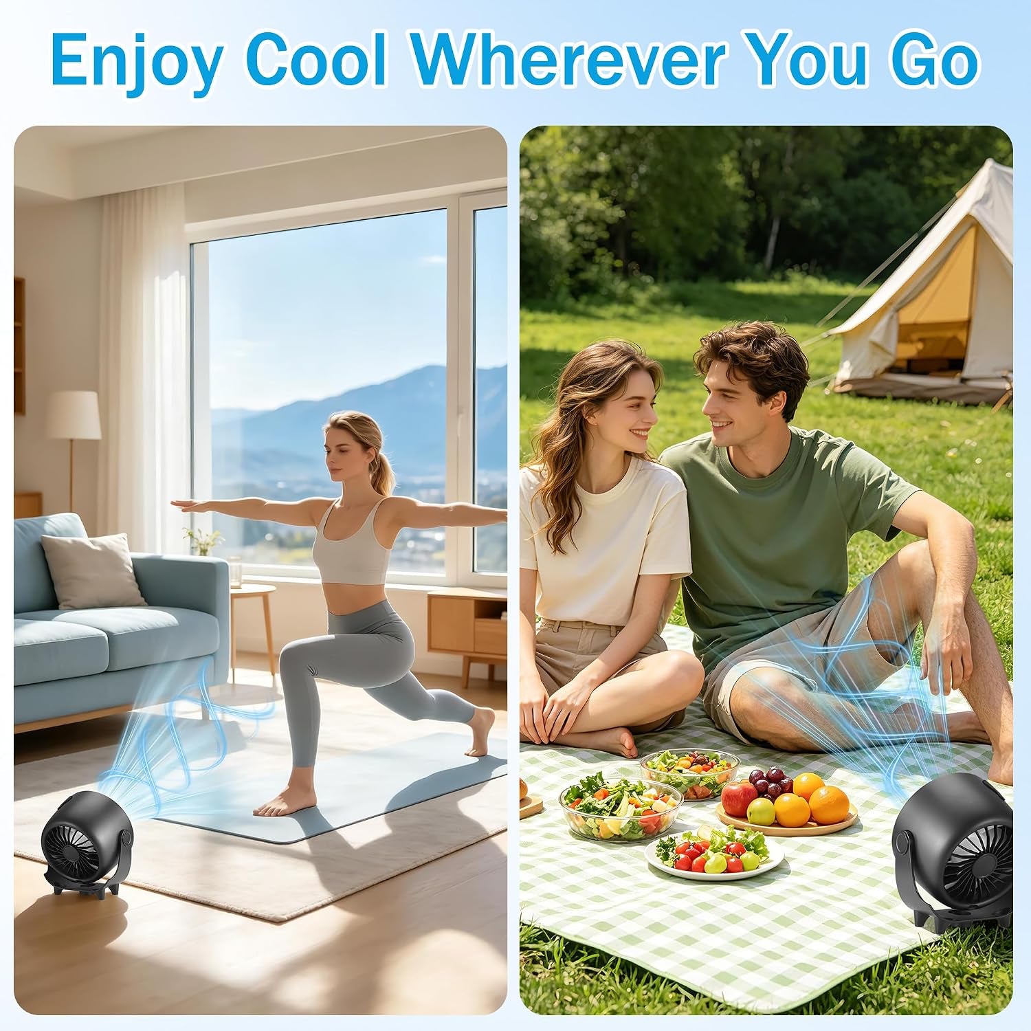 Rechargeable Bedside Cooling Fan with Mist Spray – 6000mAh Portable Desk Fan, 90° Rotation, 3 Speeds, LED Display, Quiet USB Fan for Bedroom, Office & Travel