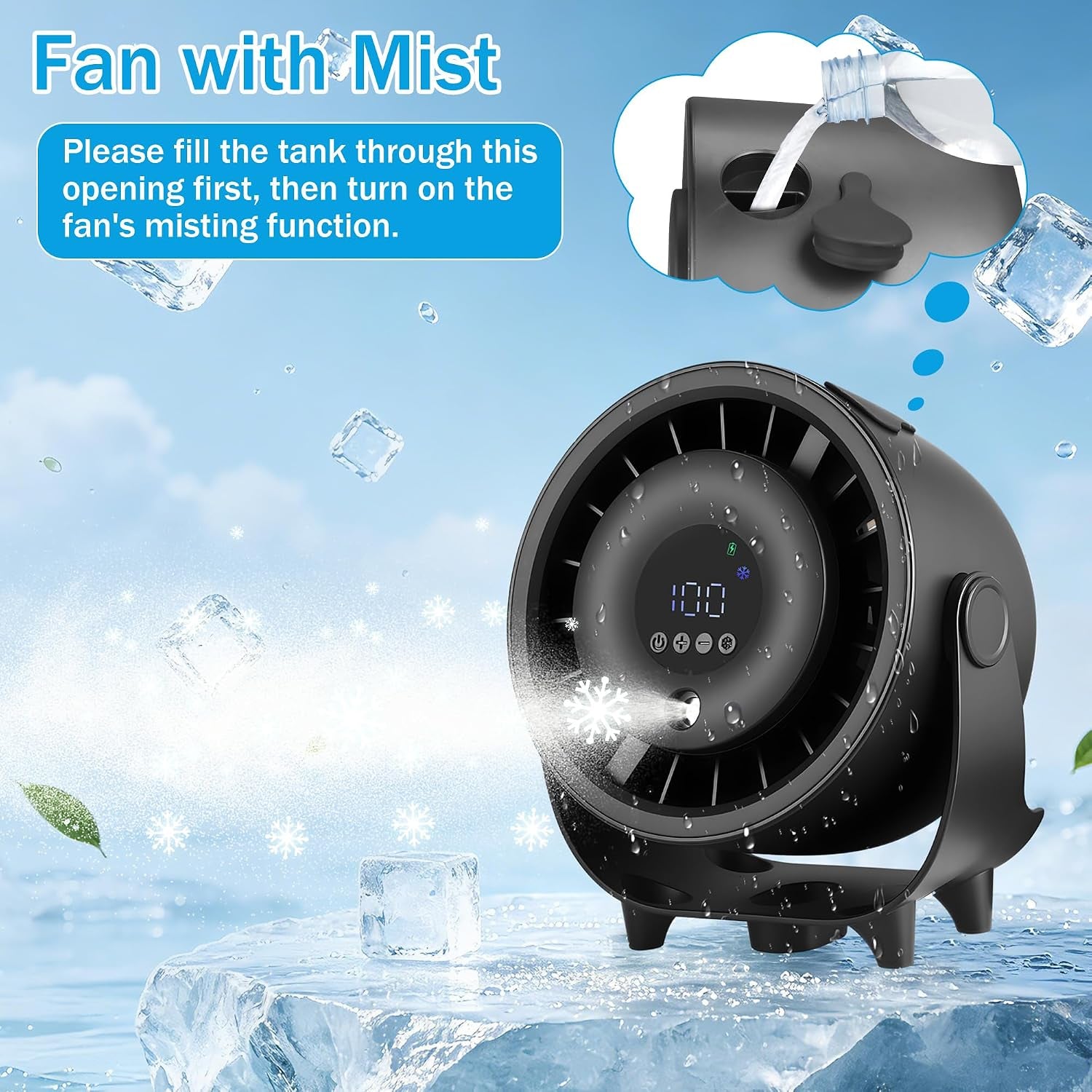 Rechargeable Bedside Cooling Fan with Mist Spray – 6000mAh Portable Desk Fan, 90° Rotation, 3 Speeds, LED Display, Quiet USB Fan for Bedroom, Office & Travel